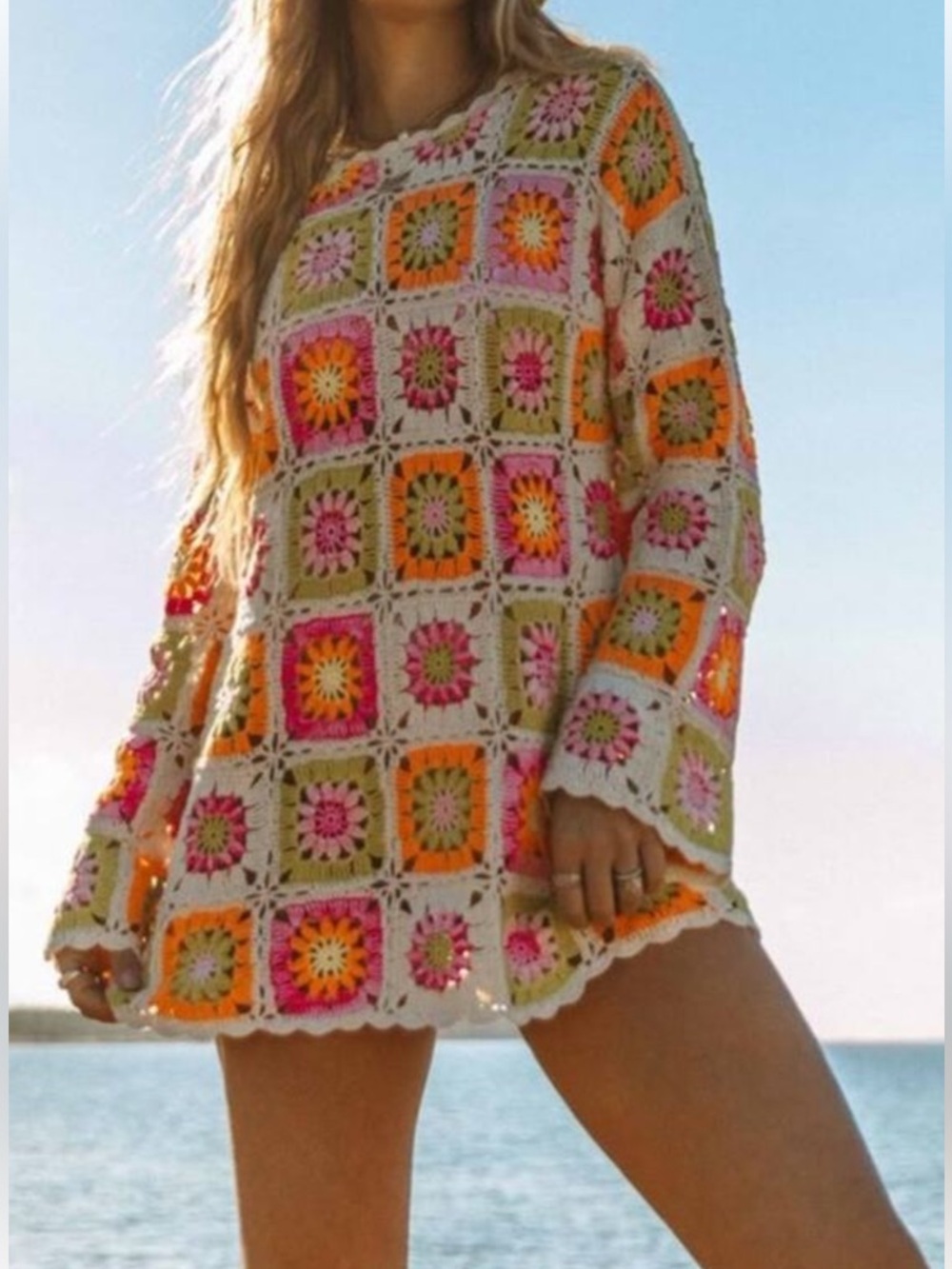 Show Me Your MuMu Crochet Square Tunic in Pink, Orange & Cream (NEVER WORN)